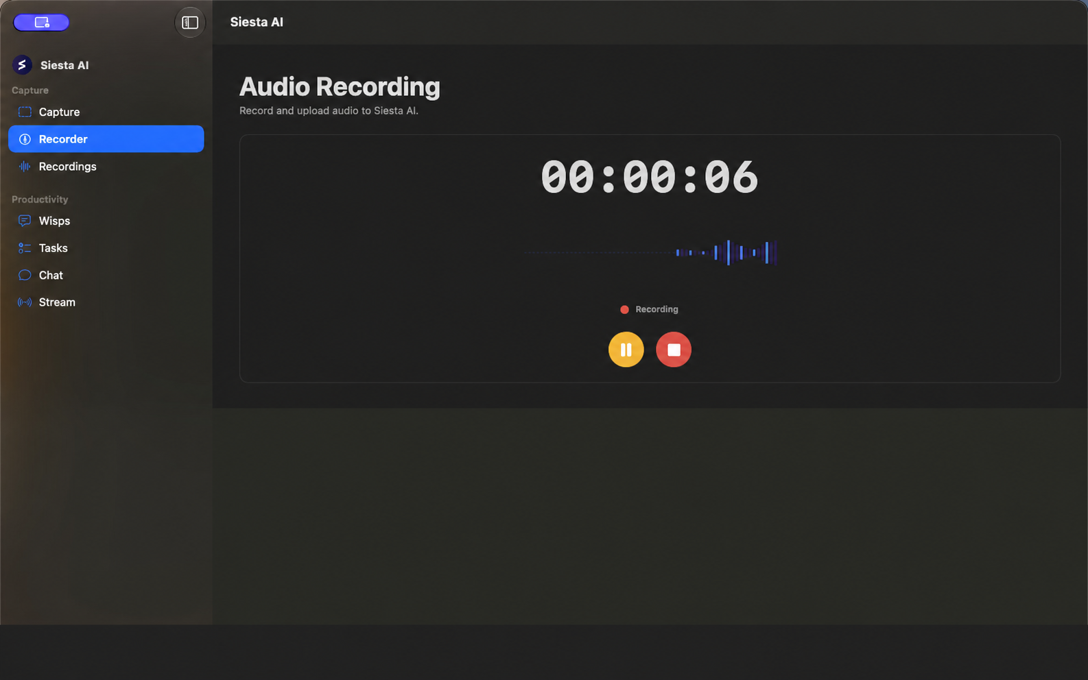 Timer, waveform, and pause controls in the macOS audio recorder