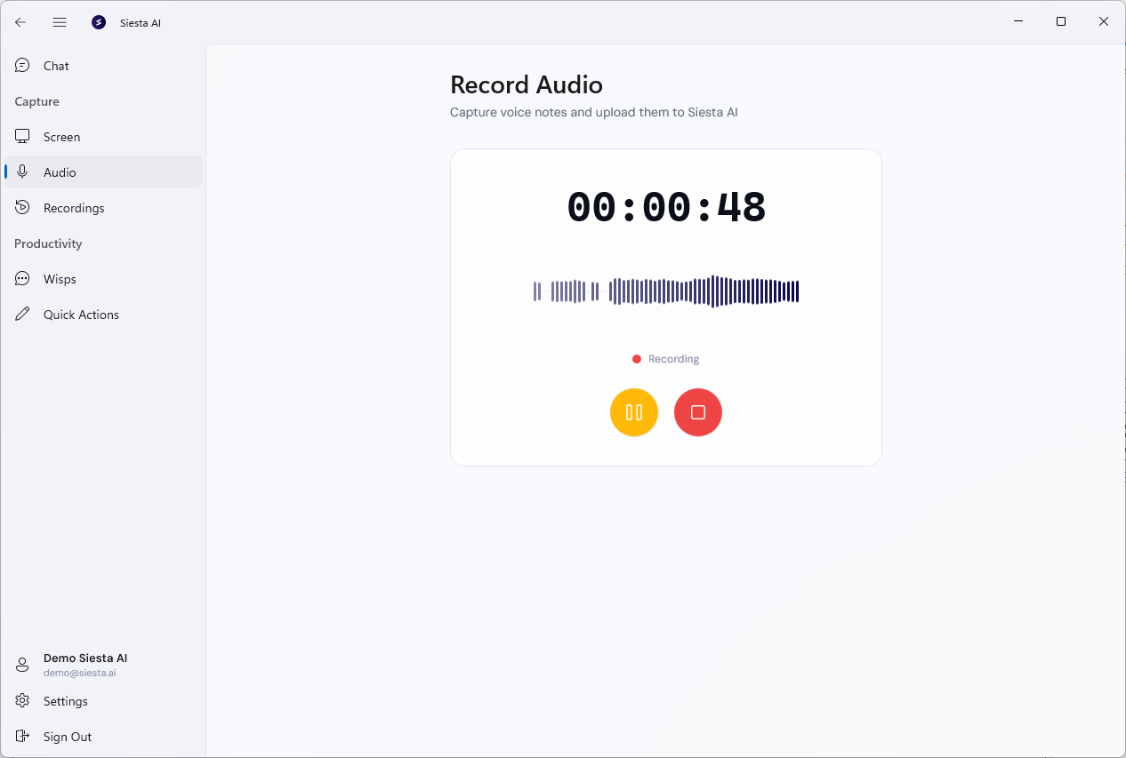 Audio recording controls in the Windows app