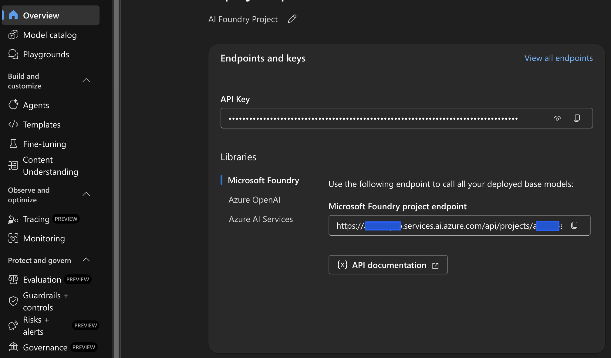 Endpoints and keys in the project