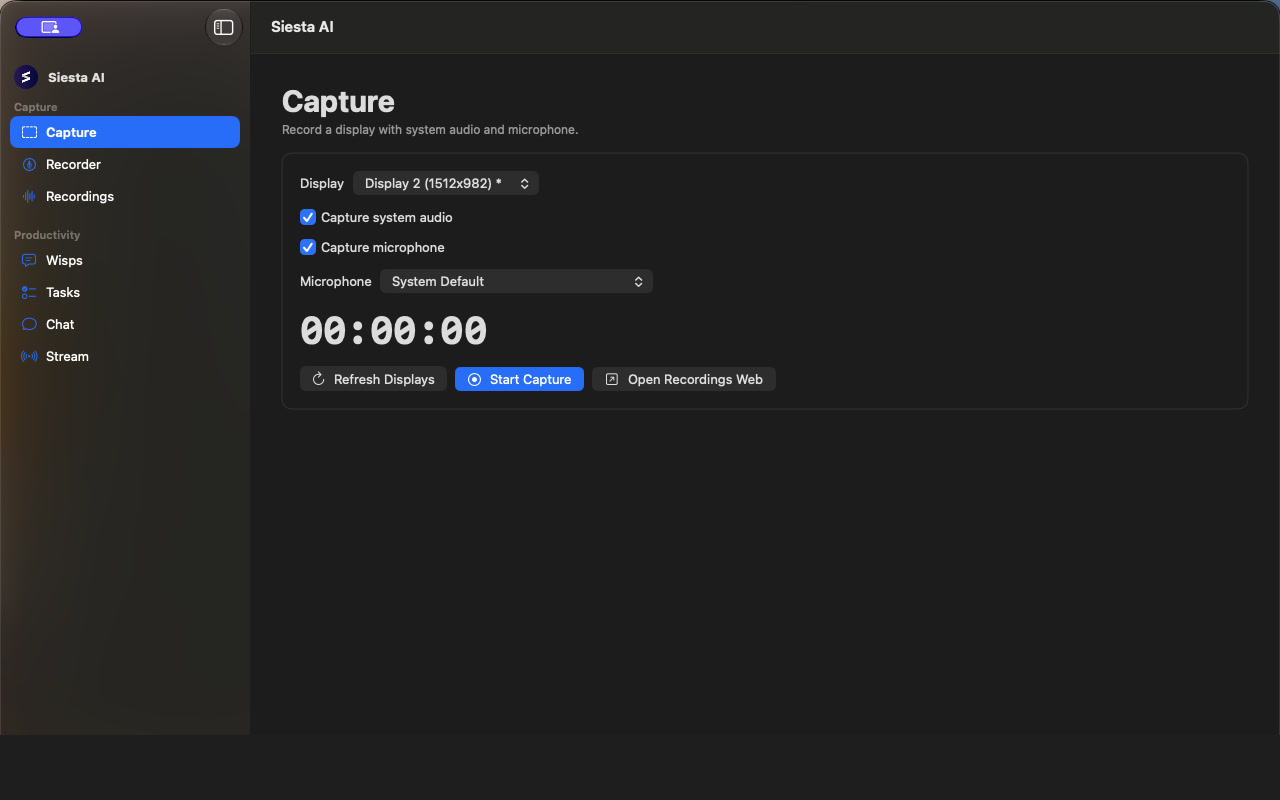 Display and audio-source selection in the macOS Capture workspace