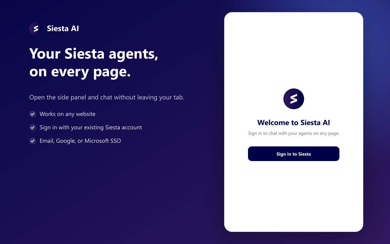 Siesta AI Chrome Extension sign-in screen