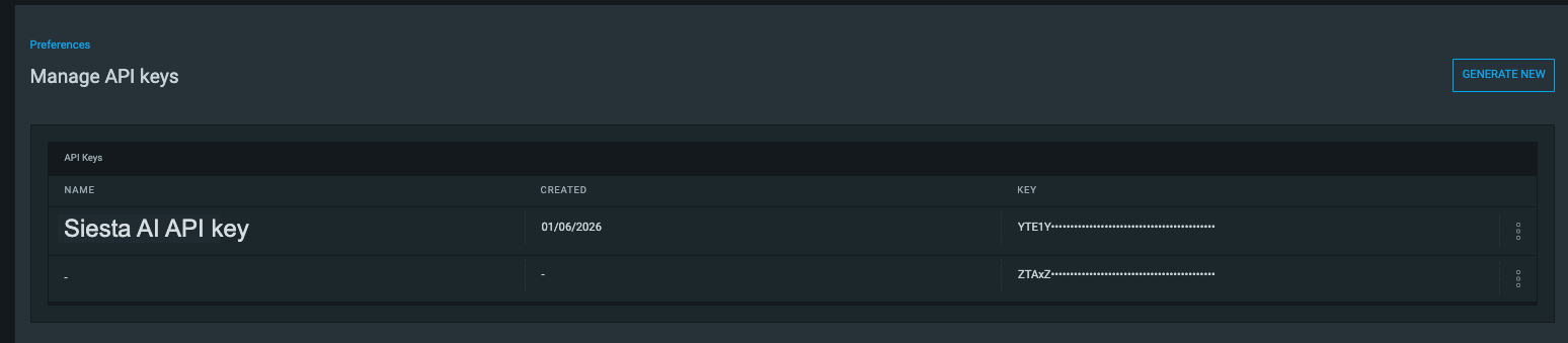 Clockify API keys screen with a Siesta AI API key example