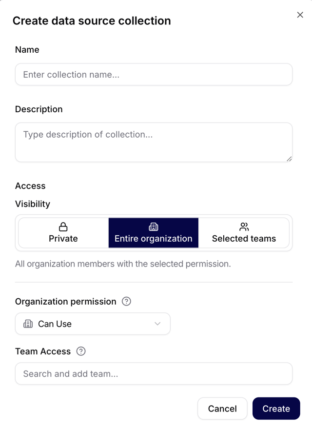 Create data source collection dialog showing the visibility options