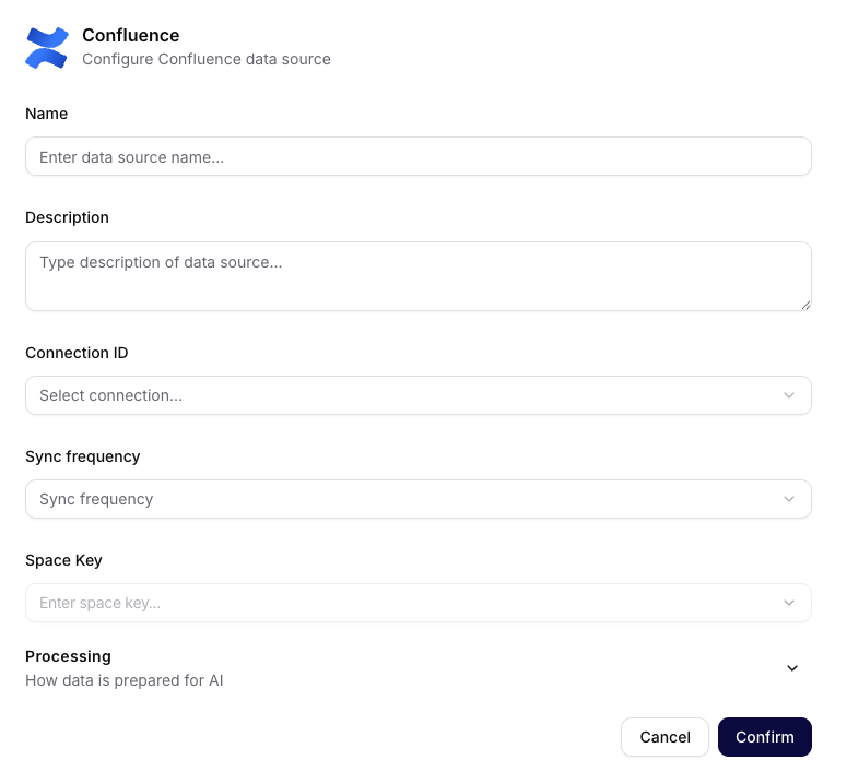 Confluence data-source form with connection, synchronization, Space Key, and Processing fields