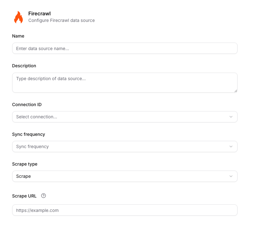 Firecrawl data-source form with connection, synchronization, scrape type, and starting URL