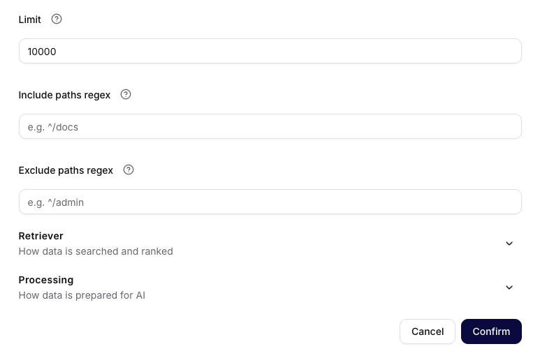 Firecrawl crawl-scope fields for limit and include or exclude path regular expressions