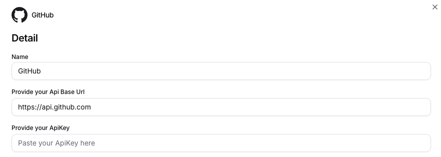 GitHub connection form in Siesta with Api Base Url and ApiKey fields