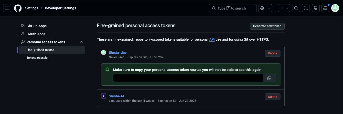 GitHub fine-grained personal access token with the token value redacted