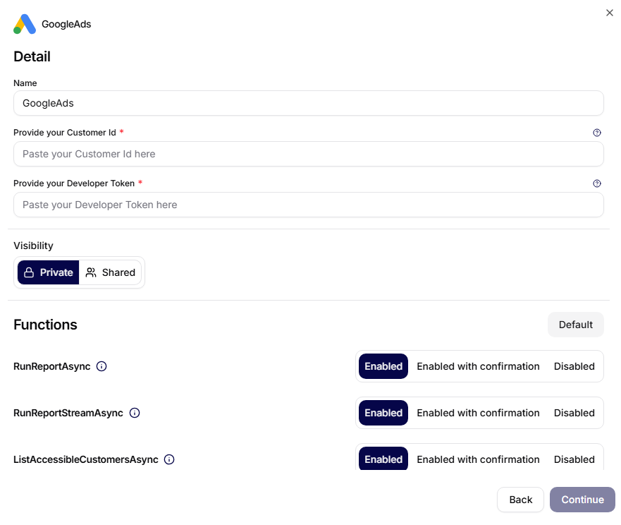 Detail configuration of the GoogleAds connector