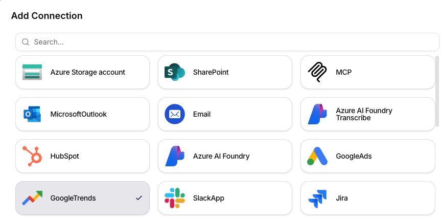 Selecting GoogleTrends in the Add Connection dialog