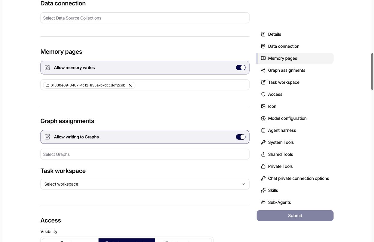 Agent configuration showing the Graph assignments selector and the separate write permission