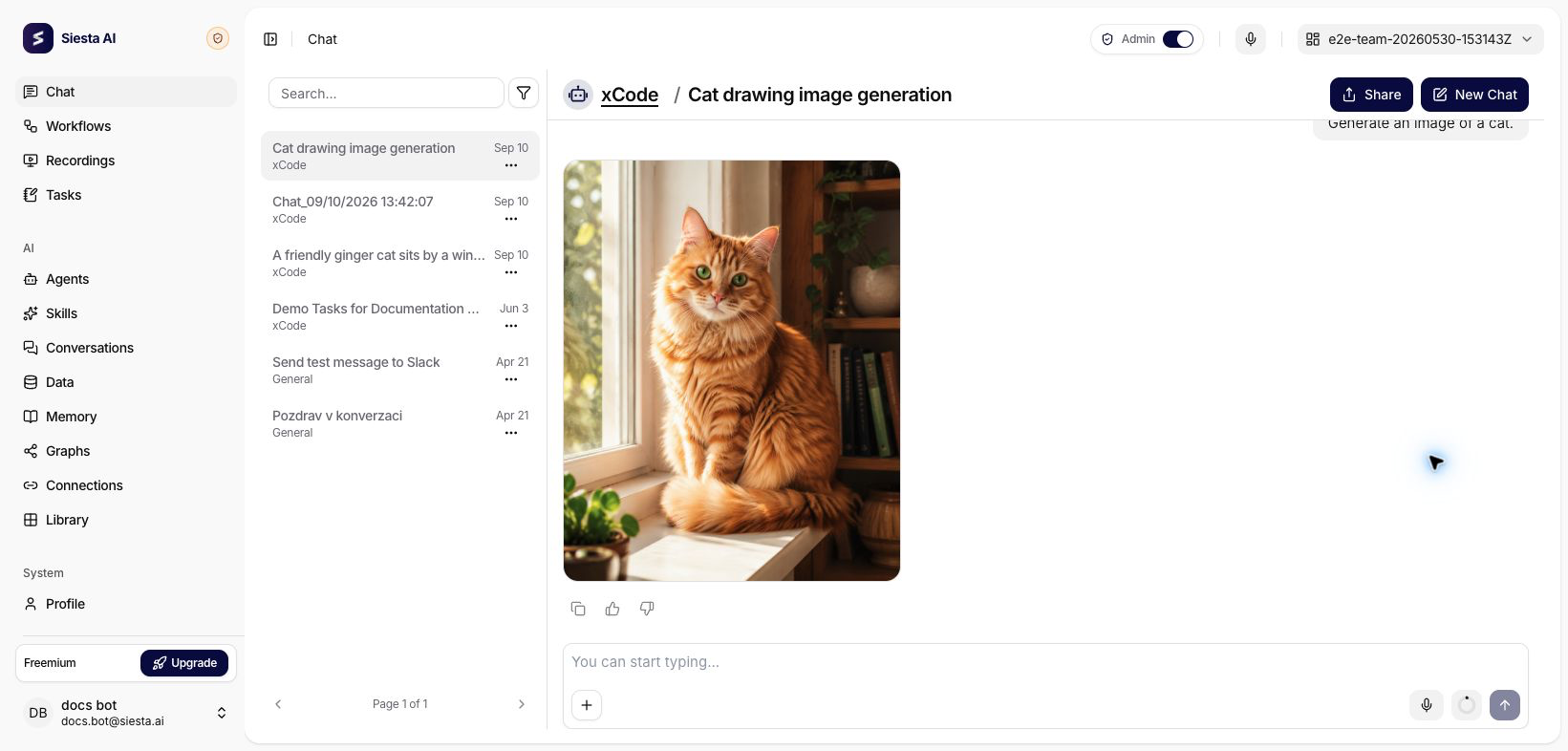A generated cat image shown directly in a Siesta AI chat with the xCode agent