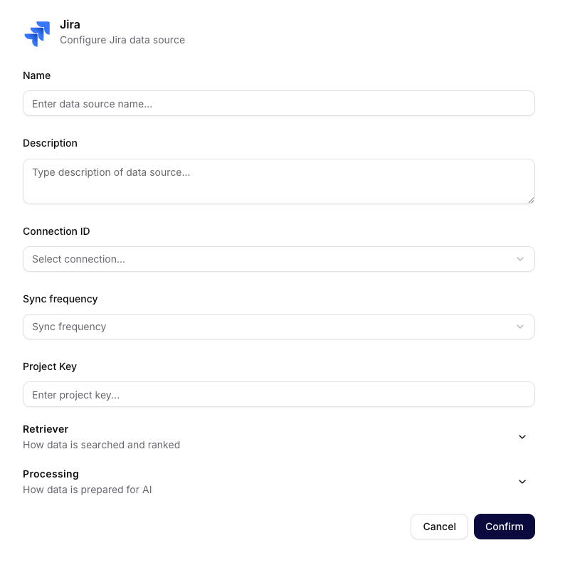 Jira data-source form with connection, synchronization, Project Key, Retriever, and Processing fields