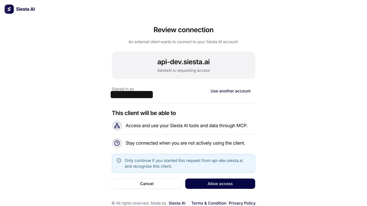 OAuth authorization for an external MCP server with the signed-in account redacted