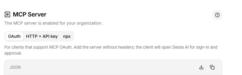OAuth configuration for the Siesta AI MCP Server in Apps & Extensions