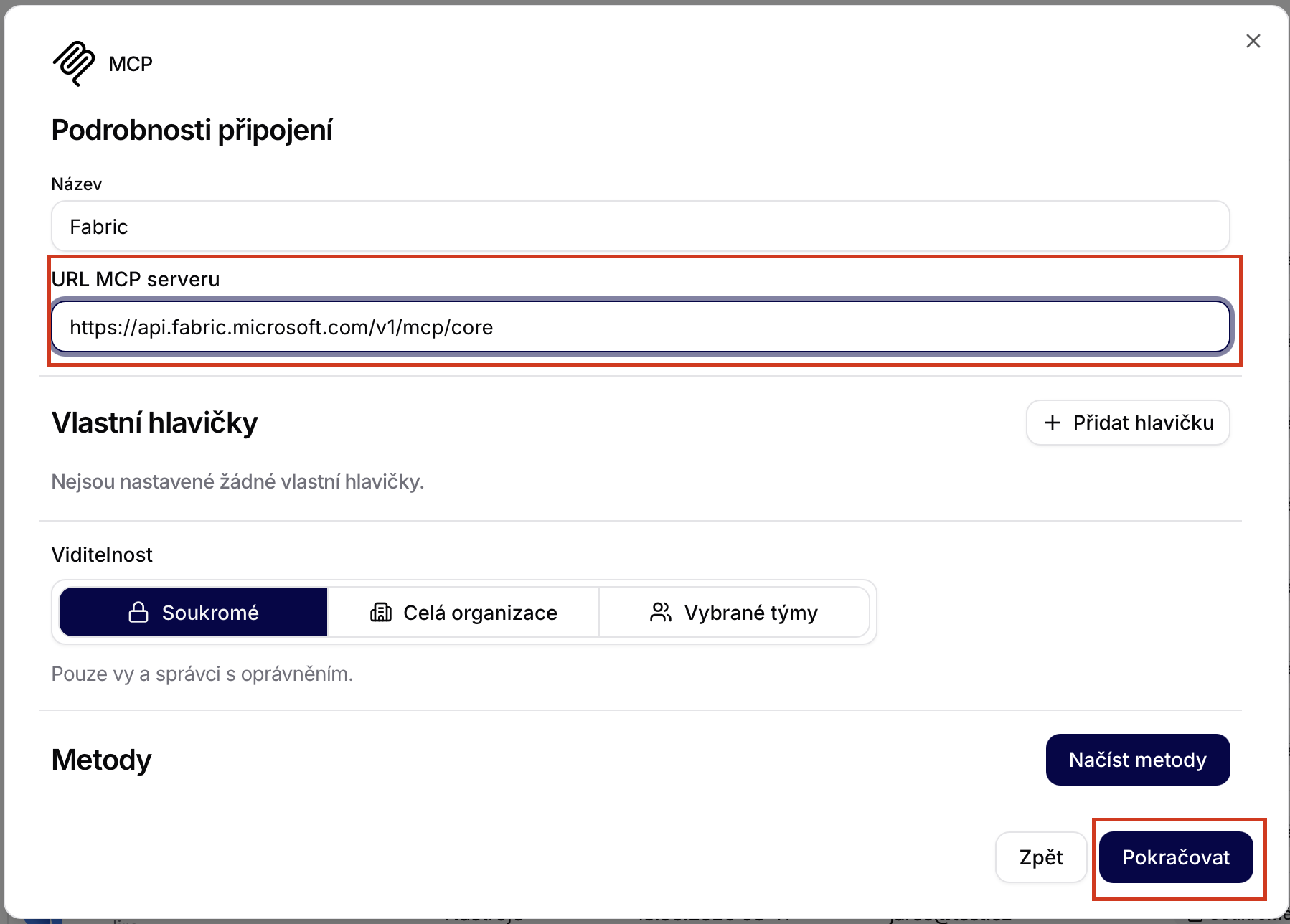 Fabric MCP connection setup with the server URL field