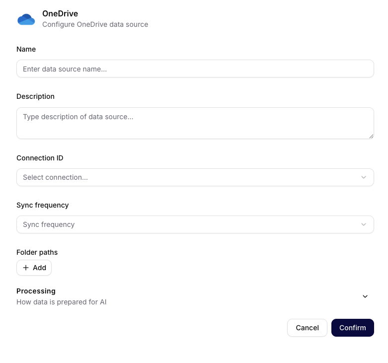 OneDrive data-source form with connection, synchronization, folder-path, and Processing fields
