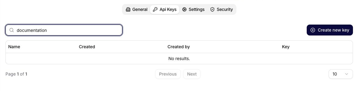 Api Keys tab with a safely filtered key list