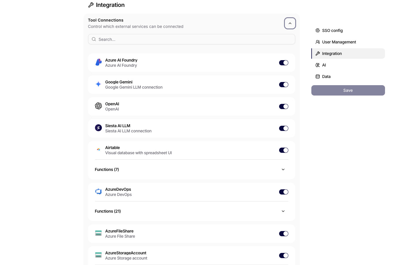 Organization Security integration controls for enabling and disabling tool connections