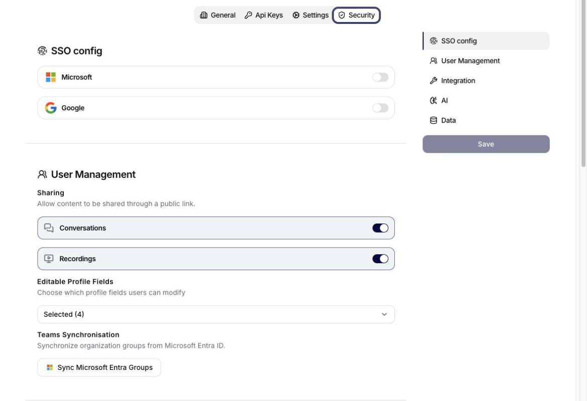 Security tab with SSO and user-management controls