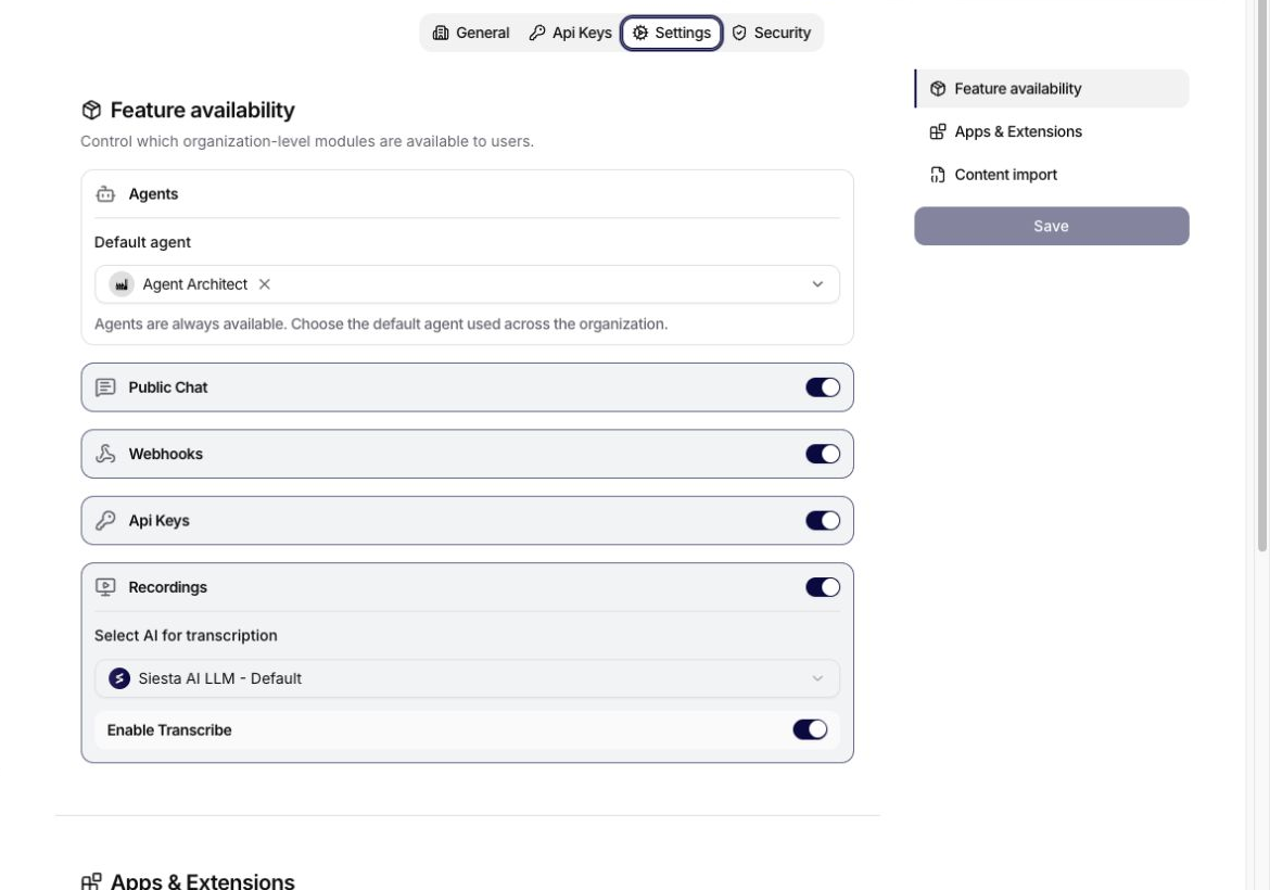 Settings tab with feature availability and transcription controls