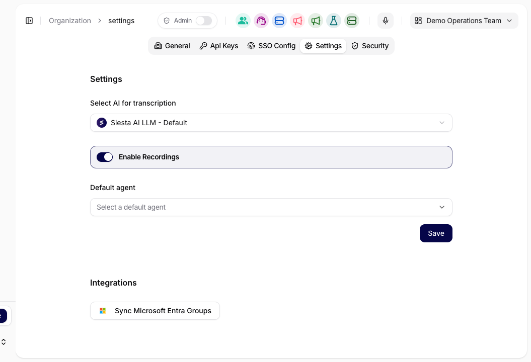 Settings - AI, recording, and Entra synchronization