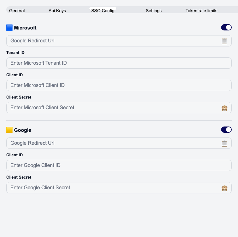 SSO Config - Microsoft and Google