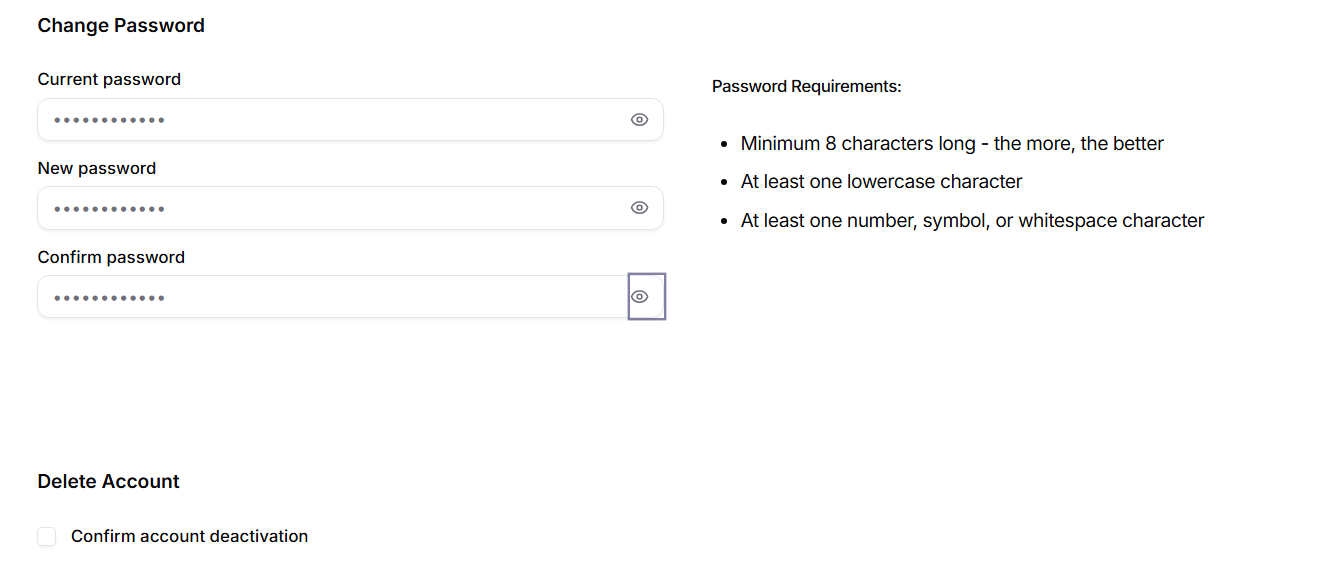 Change Password and Delete Account