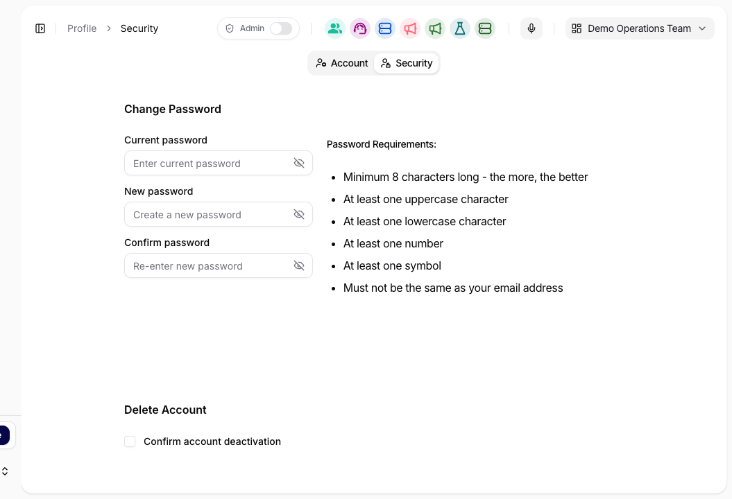 Change Password and Delete Account