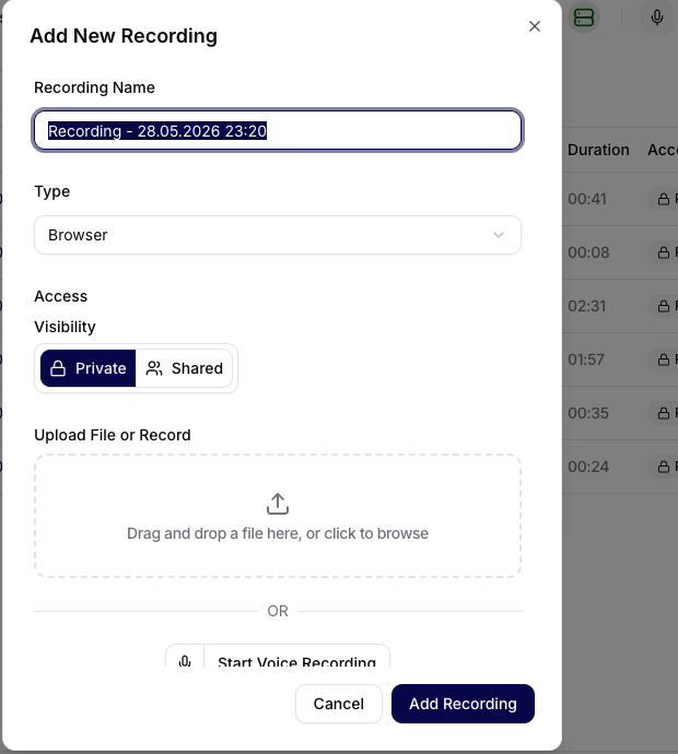 Dialog for Adding a Recording