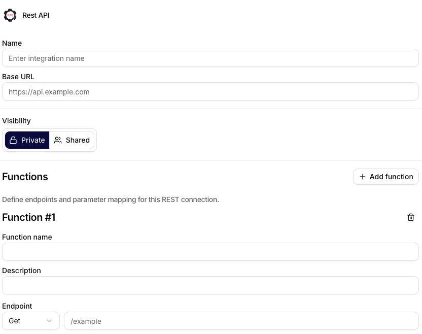 Rest API connection form and function definition