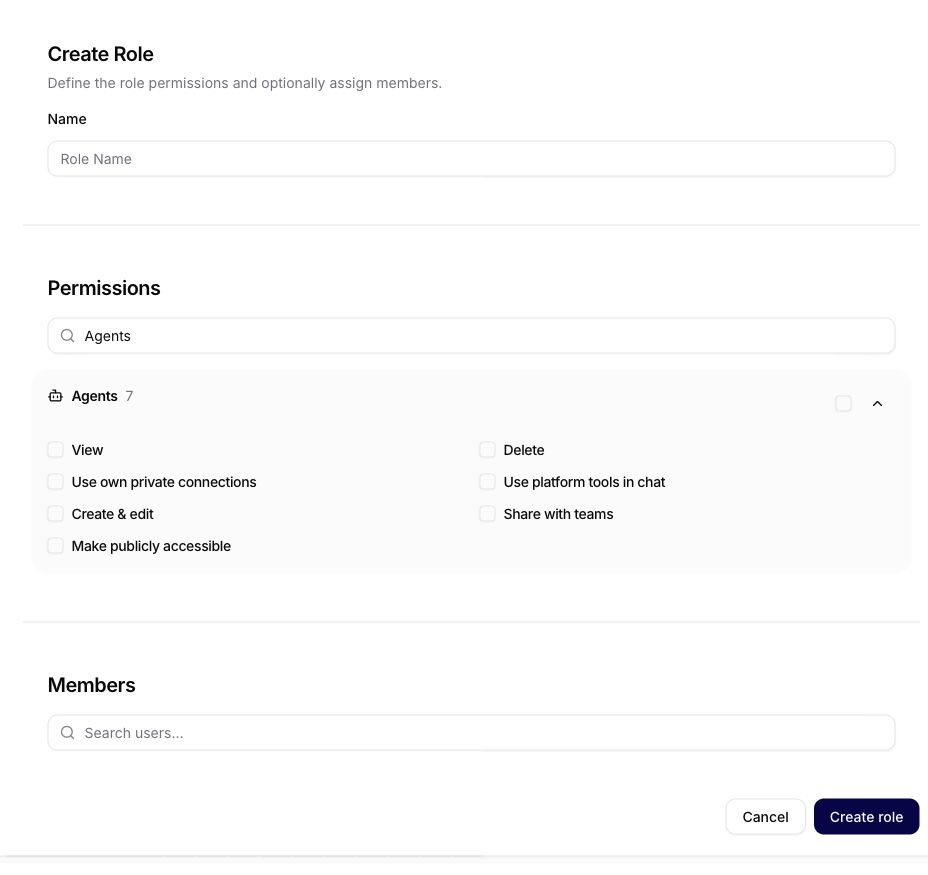 Complete Create Role form with permissions filtered to Agents