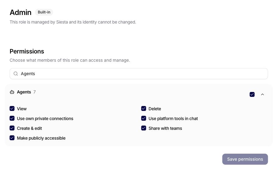 Admin role with permissions filtered to Agents and the Save permissions button