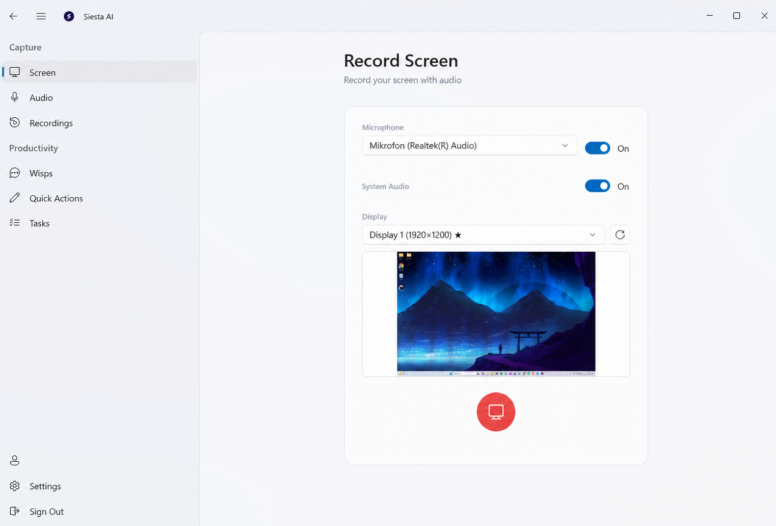 Display, microphone, and system-audio selection in the Windows app