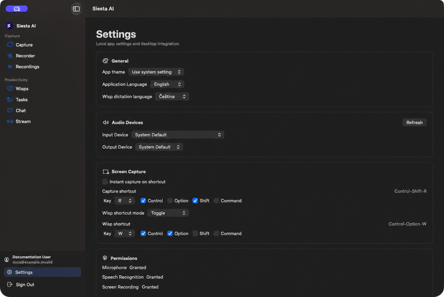 Anonymized macOS Settings with language, audio, shortcuts, and permission status