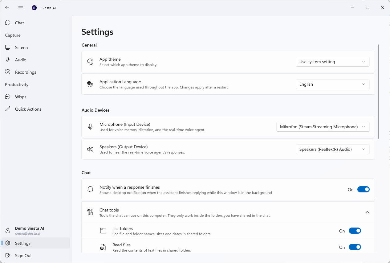 Windows settings for theme, language, audio, capture shortcuts, and local agents