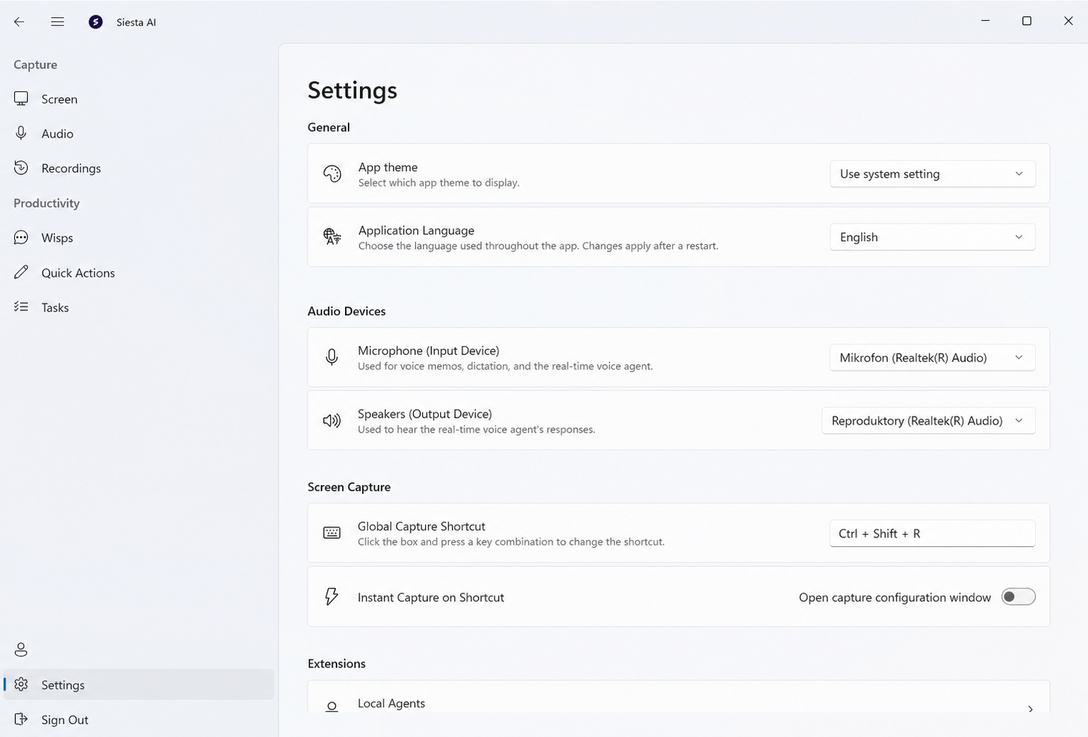 Windows settings for theme, language, audio, shortcuts, and Local Agents