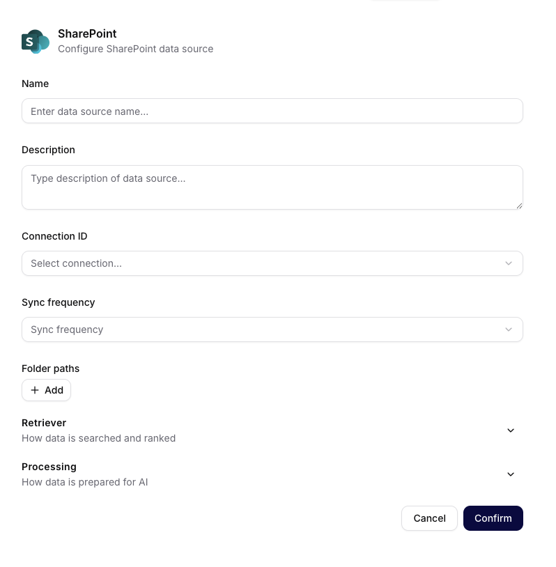 SharePoint data-source form with connection, synchronization, folder-path, Retriever, and Processing fields