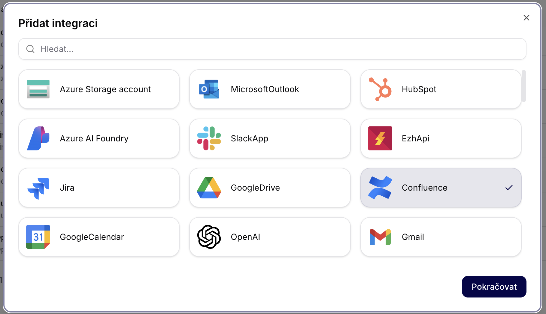 Selecting Confluence in the integration list