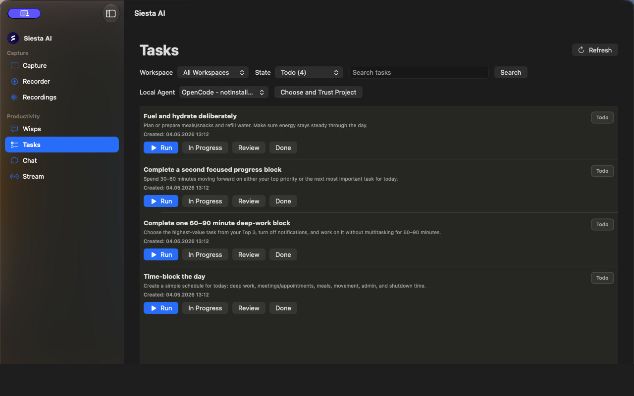Task filters, local-agent selection, and trusted-project control in the macOS app