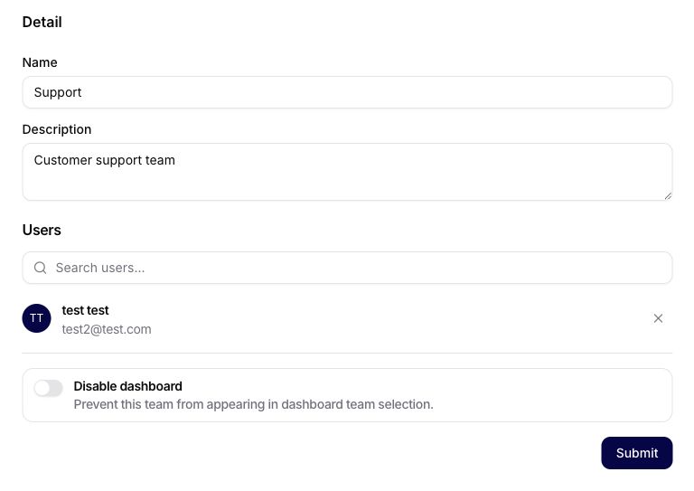 Add Team form with users and the Disable dashboard setting