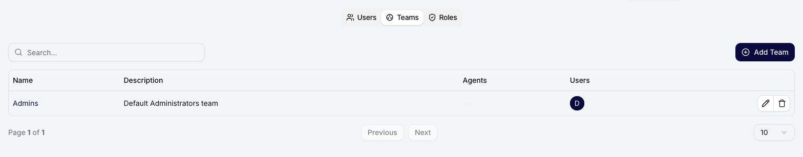 Teams tab with search, team membership, and management actions