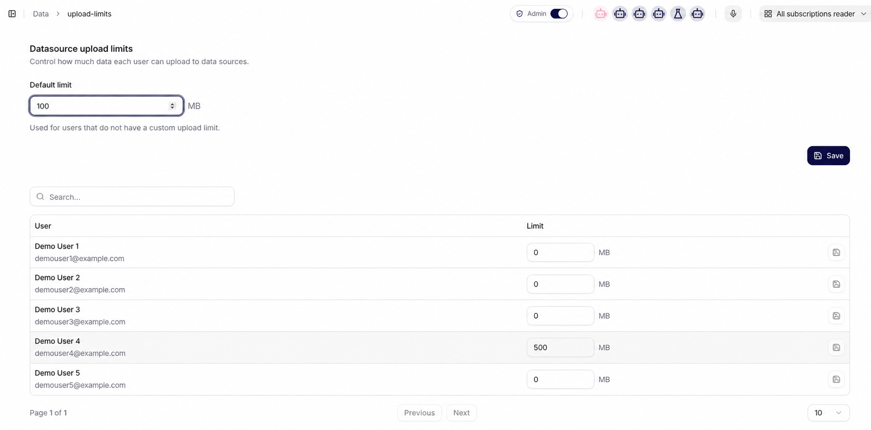 Default and user-specific upload limits with anonymized demo users