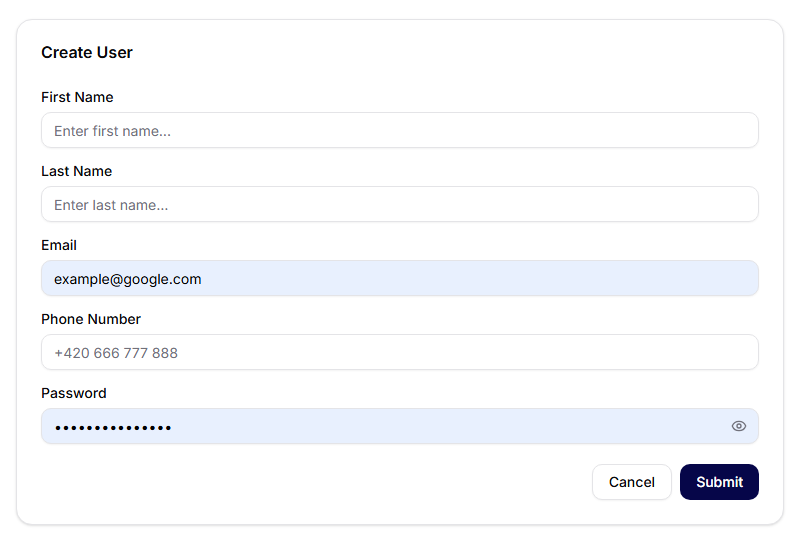 Create User form with identity, contact, and password fields