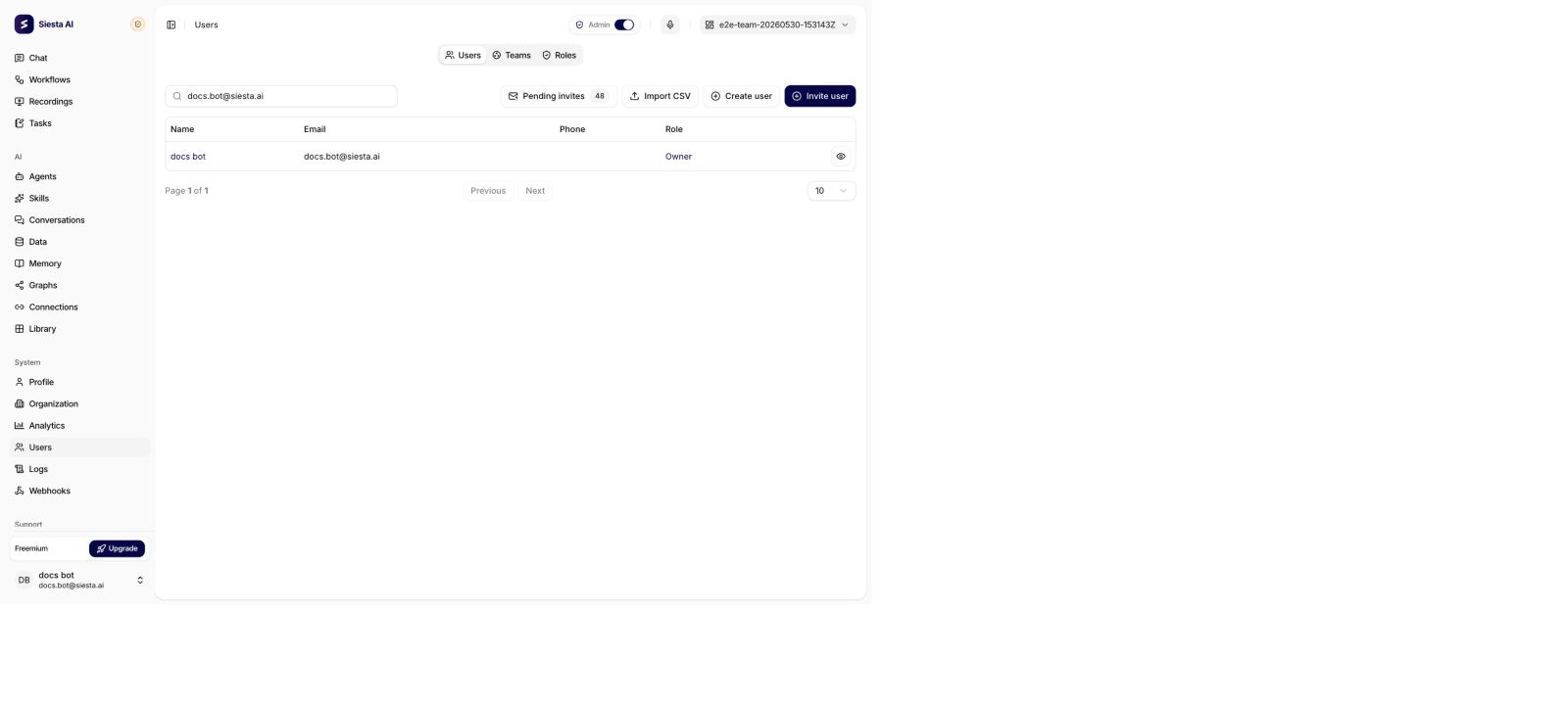 Users area with the Users, Teams, and Roles tabs