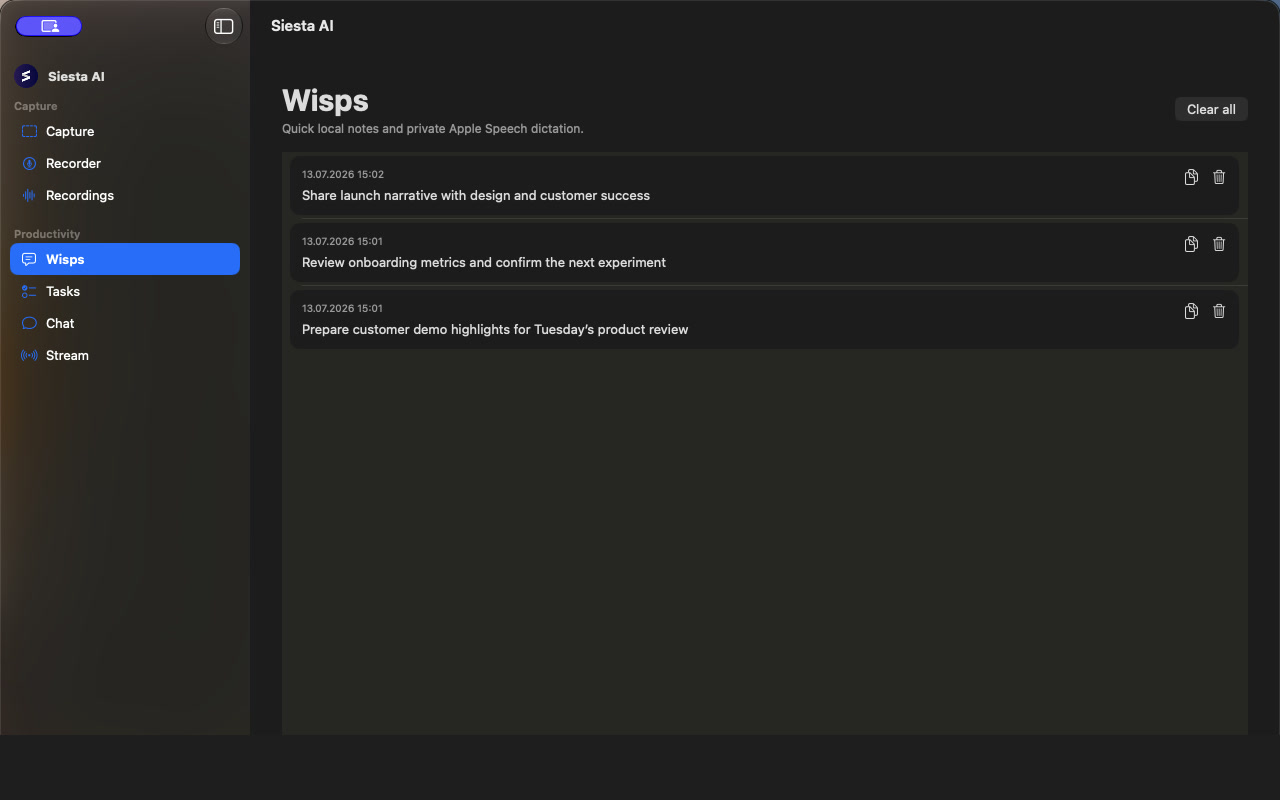Local notes and Wisp history in the macOS app