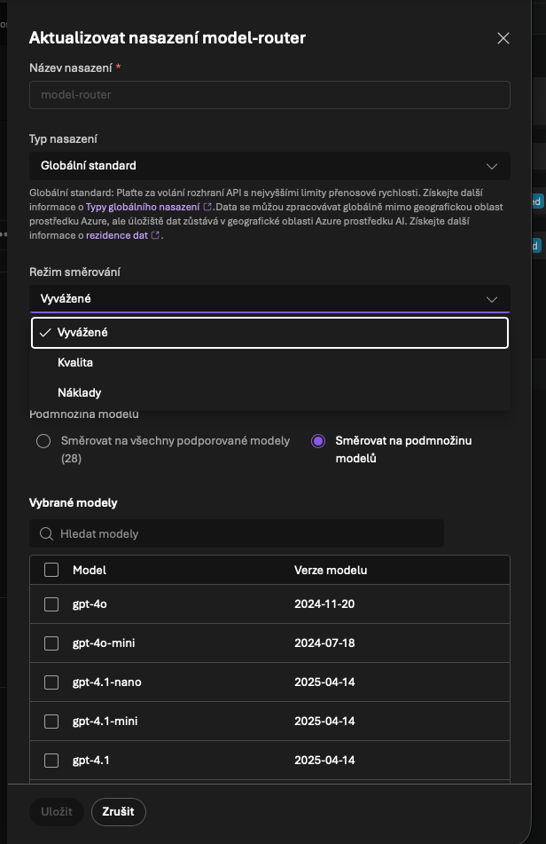 Nastavení model router deploymentu v Azure AI Foundry