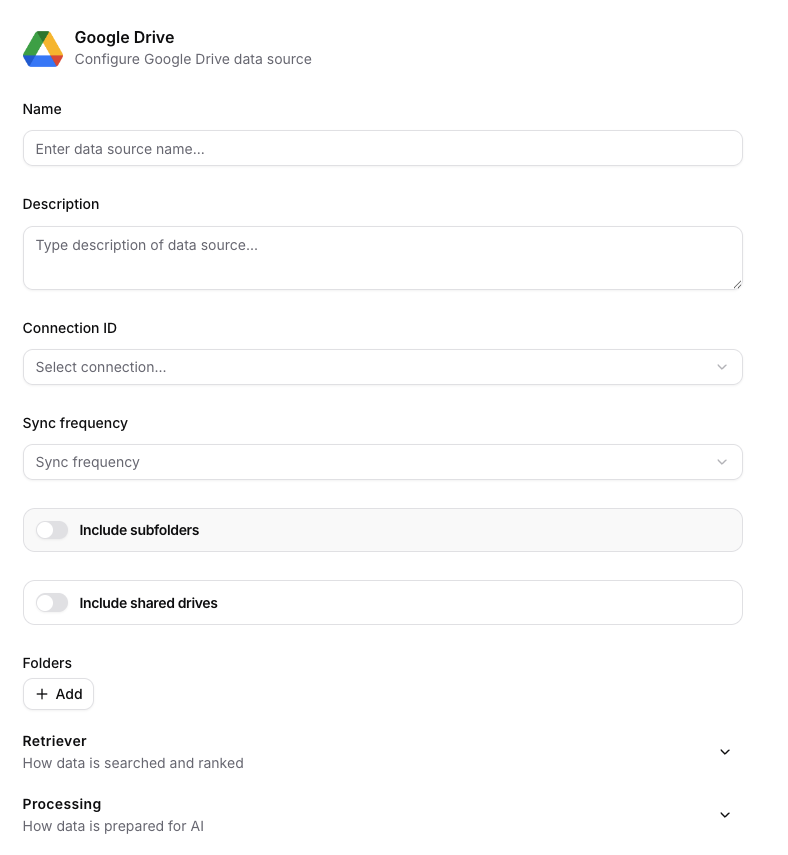 Formulář datového zdroje Google Drive s Connection, synchronizací, přepínači rozsahu, ID složek, Retriever a Processing