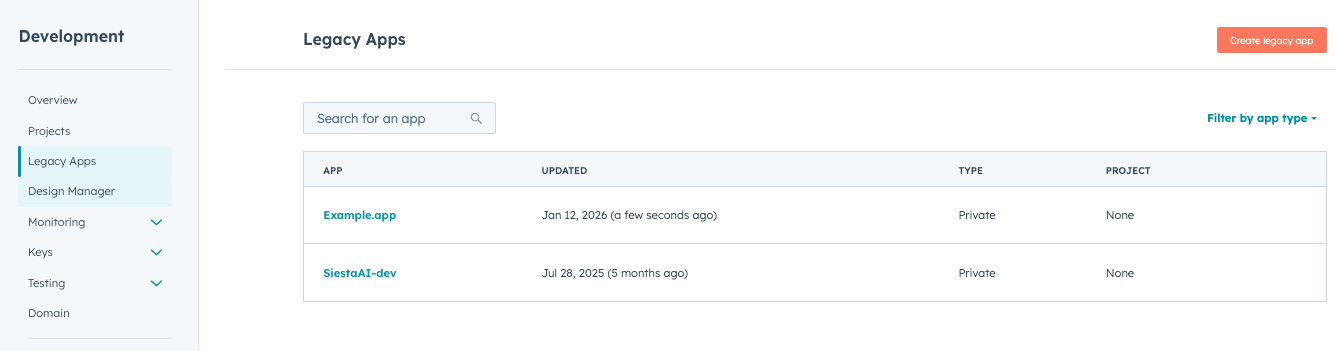 Seznam Private Apps v HubSpotu
