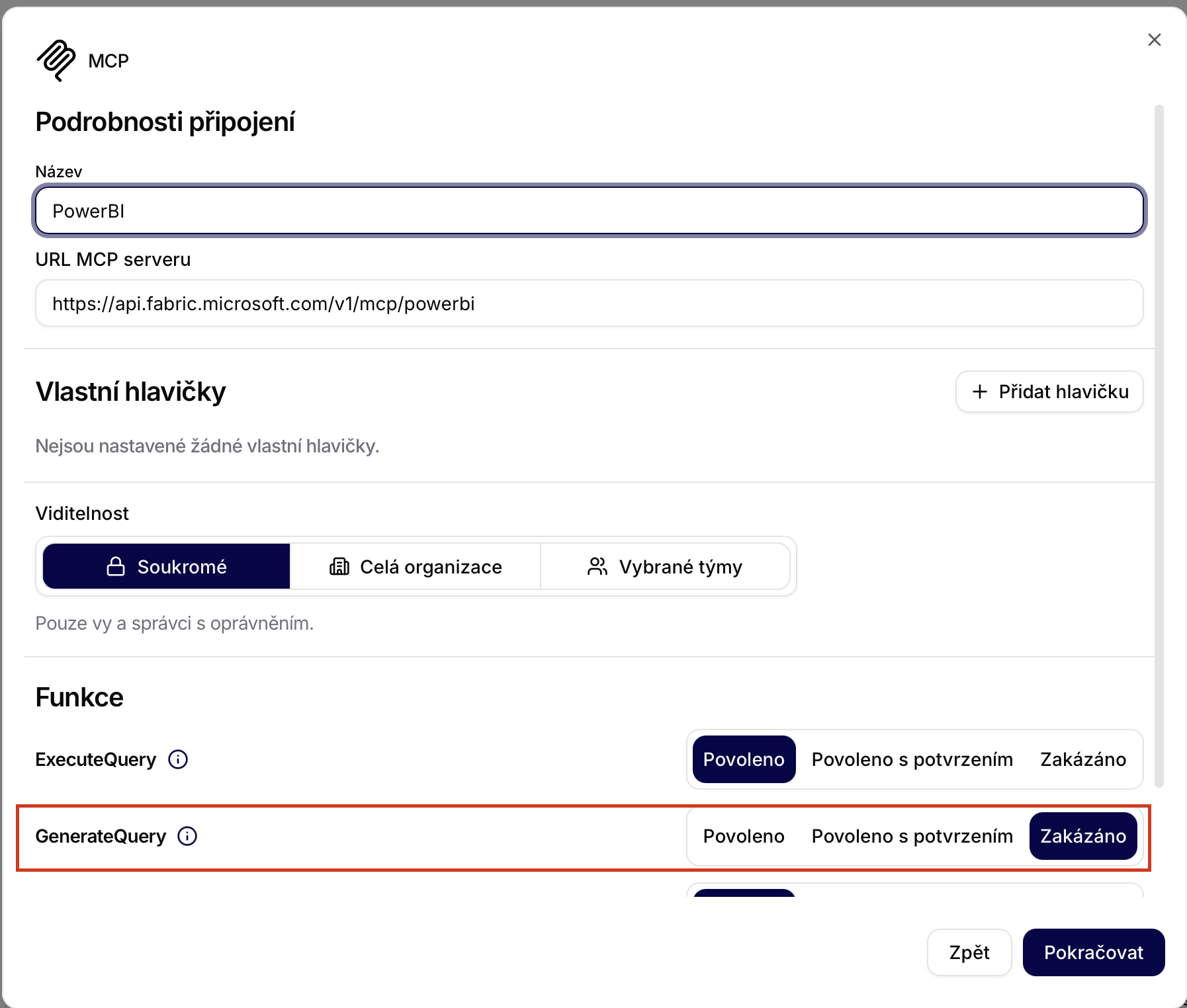 Připojení Power BI MCP s deaktivovanou funkcí GenerateQuery